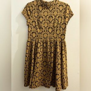Fit & Flare Paisly Print Dress, Size Large Mustard Yellow & Black, Short Sleeve